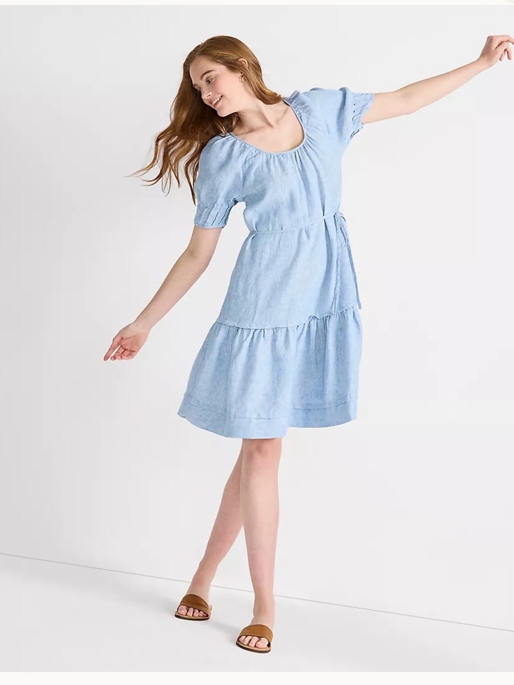 Lands End Light Blue Tiered Short-Sleeve Linen Dress 1X